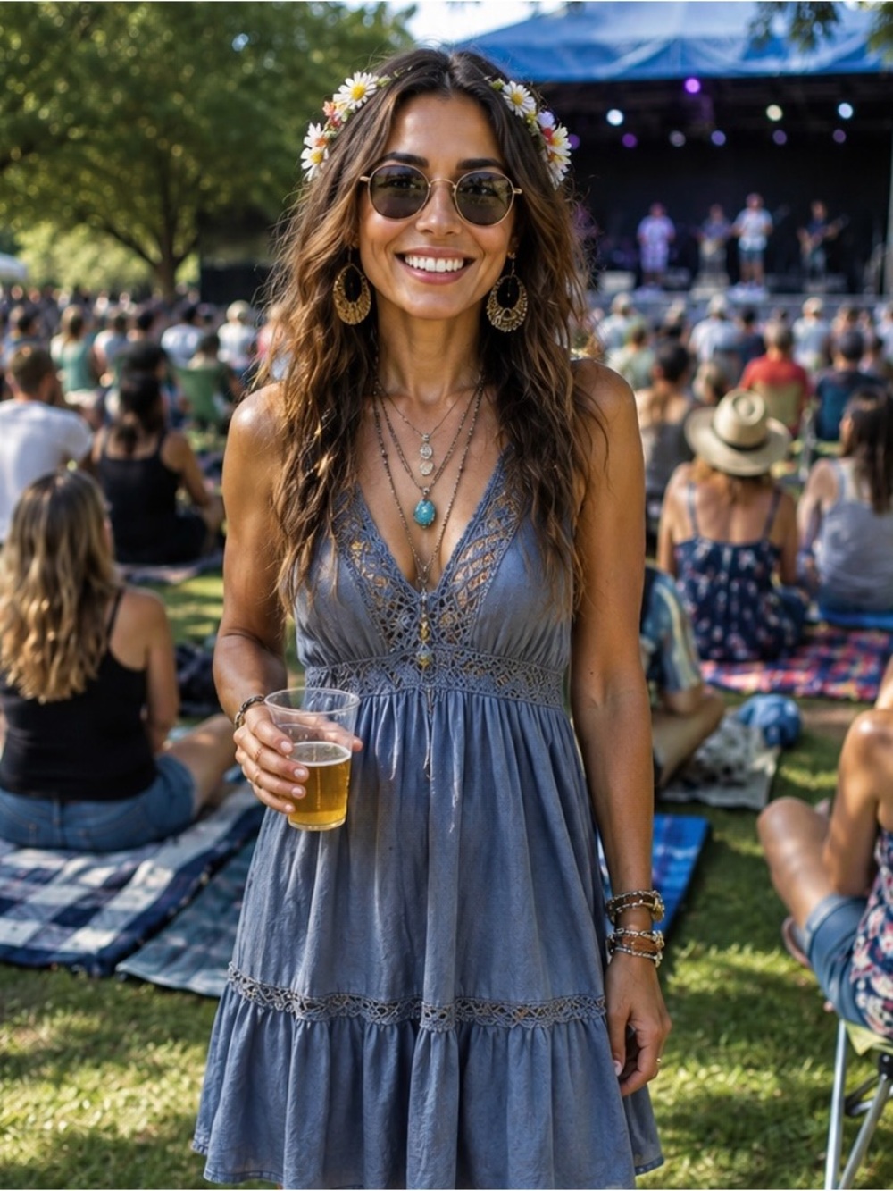 CUTE OPTIONS Blue Boho Festival Tiered Mini Sundress With Crochet Trim Size XS